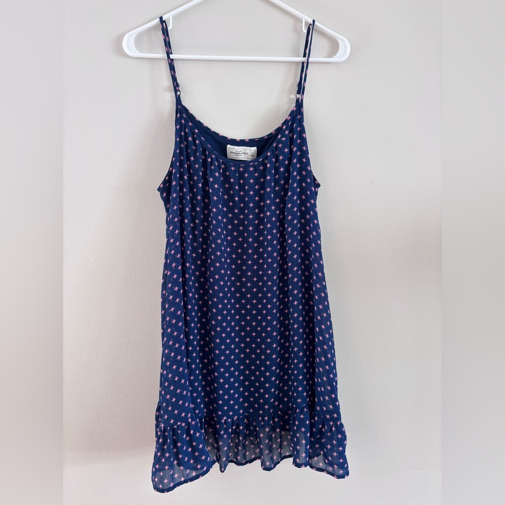 Abercrombie & Fitch Navy Sleeveless Dress,  Pink Star Print, Adjustable Strap, L